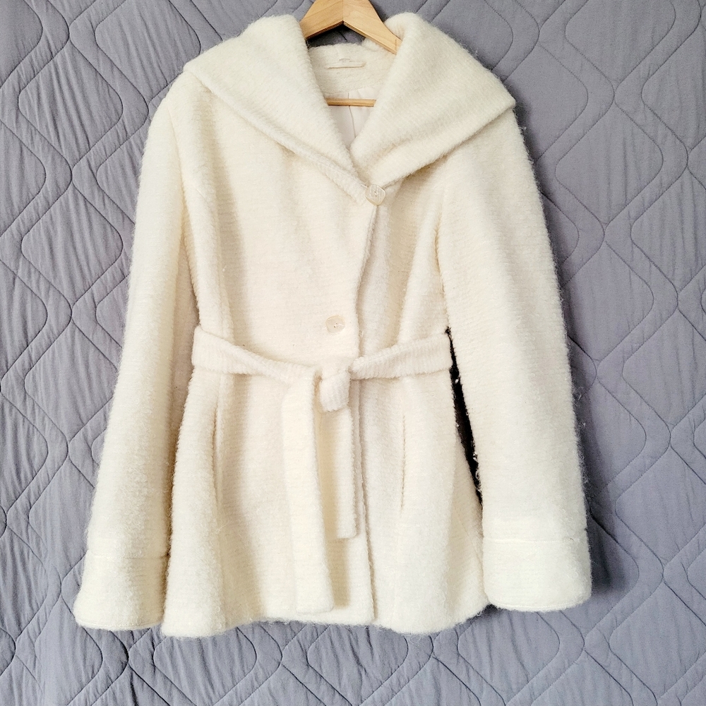 Women's Cream Hooded Belted Coat